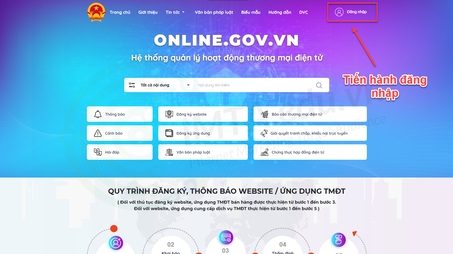 vào trang chủ Bộ Công Thương và chọn "Đăng nhập"